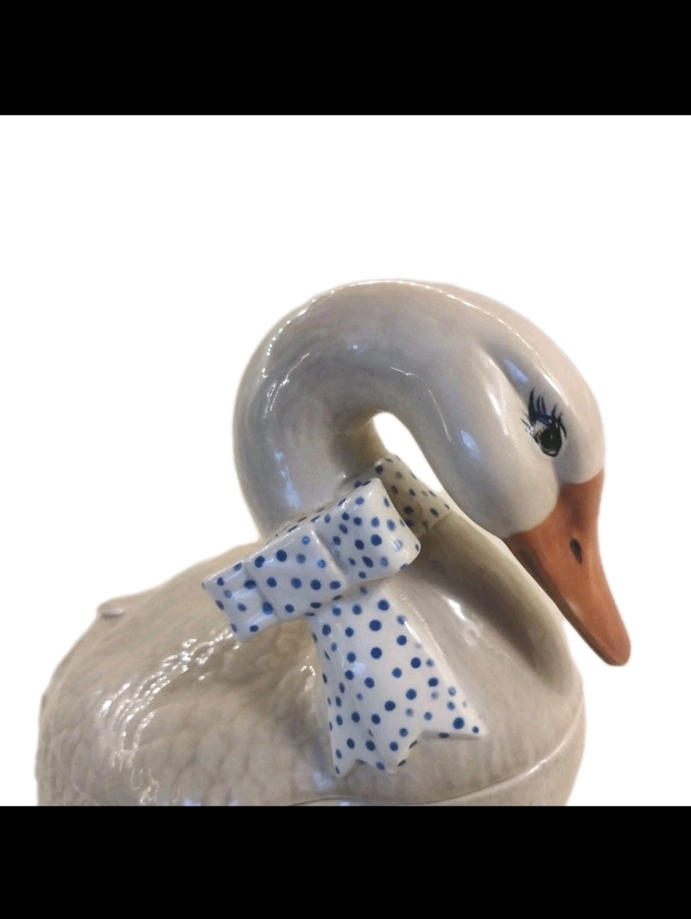 80s Handpainted Ceramic Goose Cookie Jar with Polka Dot Bow - White and Orange